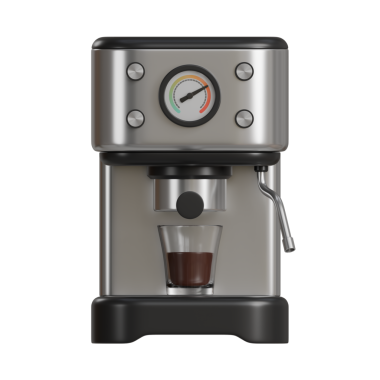 Temiz cam bir fincana sıcak kahve demleyen gümüş ve siyah krom kaplama kahve makinesinin gerçekçi 3 boyutlu görüntüsü. Ağızdan koyu kahverengi kahve akıyor. Lüks kahve markaları veya ürün özellikleri için ideal..