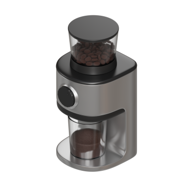 İçinde kavrulmuş kahve çekirdeklerini gösteren şeffaf bir kapağı olan siyah ve gümüş renkli modern elektrikli kahve öğütücüsünün gerçekçi 3D görüntüsü. Mutfak aletleri için mükemmel görsel ya da ürün modellemeleri.