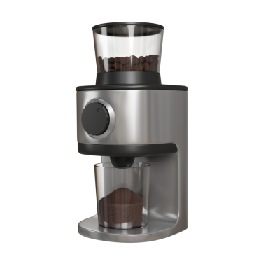 İçinde kavrulmuş kahve çekirdeklerini gösteren şeffaf bir kapağı olan siyah ve gümüş renkli modern elektrikli kahve öğütücüsünün gerçekçi 3D görüntüsü. Mutfak aletleri için mükemmel görsel ya da ürün modellemeleri.