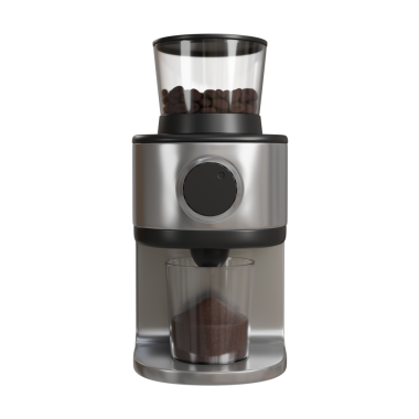 İçinde kavrulmuş kahve çekirdeklerini gösteren şeffaf bir kapağı olan siyah ve gümüş renkli modern elektrikli kahve öğütücüsünün gerçekçi 3D görüntüsü. Mutfak aletleri için mükemmel görsel ya da ürün modellemeleri.