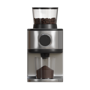 İçinde kavrulmuş kahve çekirdeklerini gösteren şeffaf bir kapağı olan siyah ve gümüş renkli modern elektrikli kahve öğütücüsünün gerçekçi 3D görüntüsü. Mutfak aletleri için mükemmel görsel ya da ürün modellemeleri.