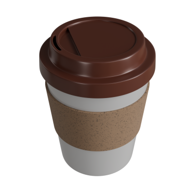 Üç boyutlu plastik kahverengi ve beyaz kahve fincanı kağıt tutacağı, yaratıcı ve enerjik bir kompozisyon, promosyonlar veya dijital reklamlar için harika.