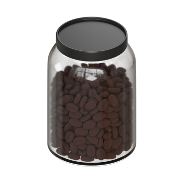 Koyu kahverengi kahve çekirdekleri ile dolu şeffaf cam kavanoz, temiz ve minimalist. Paketleme tasarımı, ürün modellemeleri ve reklam malzemeleri için ideal