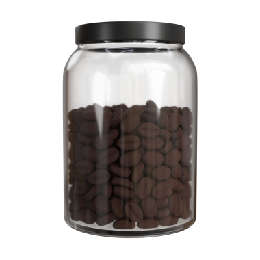 Koyu kahverengi kahve çekirdekleri ile dolu şeffaf cam kavanoz, temiz ve minimalist. Paketleme tasarımı, ürün modellemeleri ve reklam malzemeleri için ideal