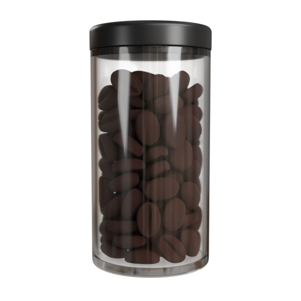 Kahve çekirdekleri, siyah kapak ve markalaştırma veya ürün tasarımı için boş etiketlerle dolu uzun şeffaf bir kavanozun 3 boyutlu temiz görüntüsü. Model, etiket şablonları ya da özel gıda paketlemesi için harika.