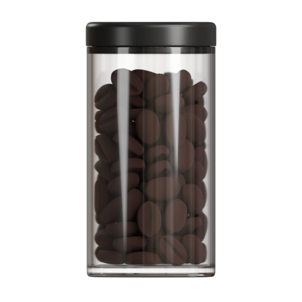 Kahve çekirdekleri, siyah kapak ve markalaştırma veya ürün tasarımı için boş etiketlerle dolu uzun şeffaf bir kavanozun 3 boyutlu temiz görüntüsü. Model, etiket şablonları ya da özel gıda paketlemesi için harika.