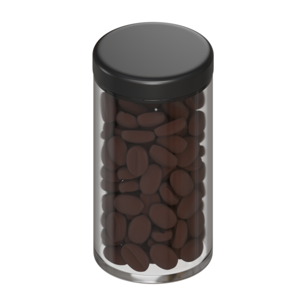 Kahve çekirdekleri, siyah kapak ve markalaştırma veya ürün tasarımı için boş etiketlerle dolu uzun şeffaf bir kavanozun 3 boyutlu temiz görüntüsü. Model, etiket şablonları ya da özel gıda paketlemesi için harika.