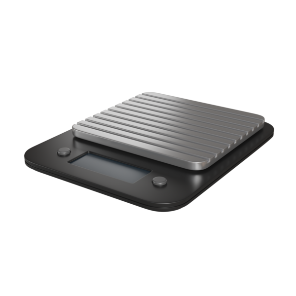 Modern dijital ölçekli, siyah bir yüzey ve gümüş kaplamalı gerçekçi bir 3D canlandırma. Net bir LED ekran, gramlık ağırlığı gösteriyor. Ürün modellemeleri, tartma dersleri veya ekommerce sunumları için ideal.