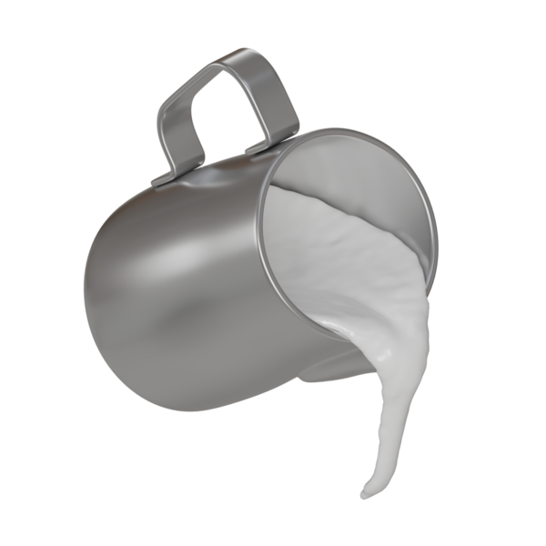 Gümüş paslanmaz çelikten bir sürahinin gerçekçi 3D görüntüsü pürüzsüz bir süt akışı, havada süzülen gümüş süt sürahisi havada beyaz süt döküyor. Kavramsal reklamlar, dijital posterler veya modern kafe görselleri için harika..