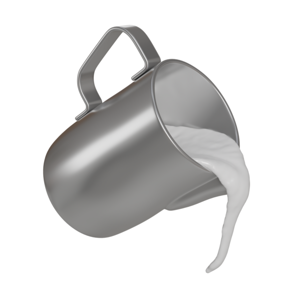 Gümüş paslanmaz çelikten bir sürahinin gerçekçi 3D görüntüsü pürüzsüz bir süt akışı, havada süzülen gümüş süt sürahisi havada beyaz süt döküyor. Kavramsal reklamlar, dijital posterler veya modern kafe görselleri için harika..