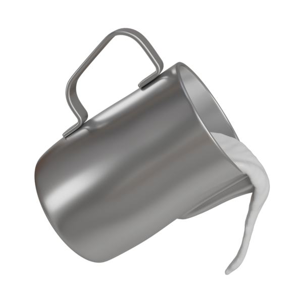 Gümüş paslanmaz çelikten bir sürahinin gerçekçi 3D görüntüsü pürüzsüz bir süt akışı, havada süzülen gümüş süt sürahisi havada beyaz süt döküyor. Kavramsal reklamlar, dijital posterler veya modern kafe görselleri için harika..