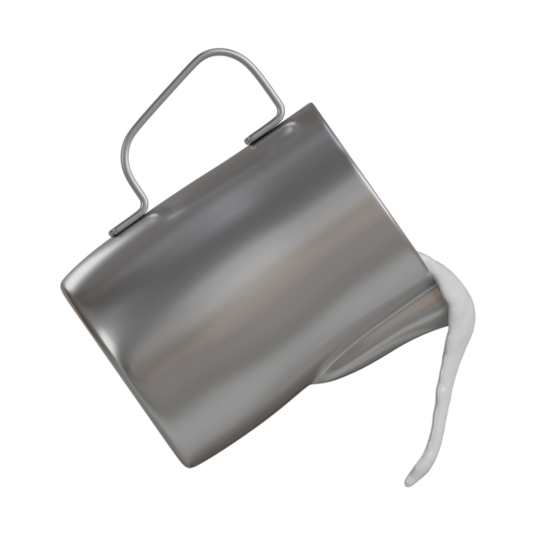 Gümüş paslanmaz çelikten bir sürahinin gerçekçi 3D görüntüsü pürüzsüz bir süt akışı, havada süzülen gümüş süt sürahisi havada beyaz süt döküyor. Kavramsal reklamlar, dijital posterler veya modern kafe görselleri için harika..