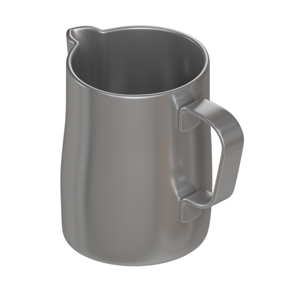 Cilalı paslanmaz çelikten sütü köpürten klasik bir barista sütün üç boyutlu çizimi. Kavramsal reklamlar, dijital posterler veya modern kafe görselleri için harika..