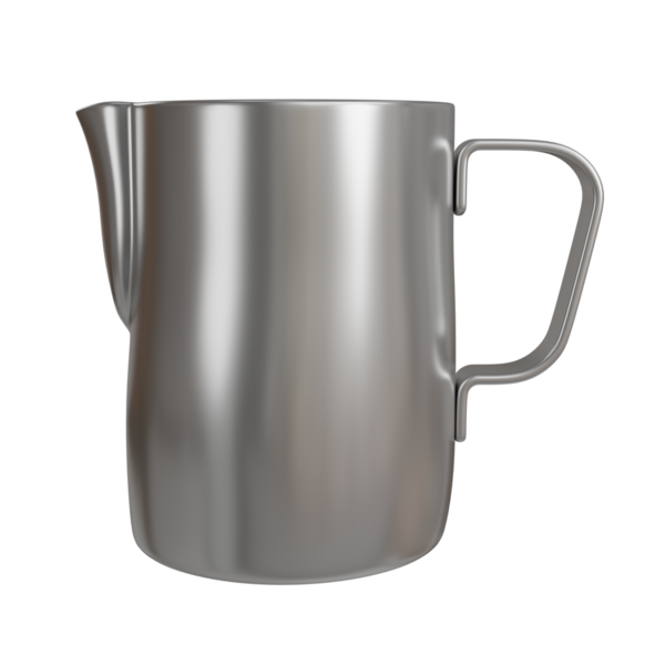 Cilalı paslanmaz çelikten sütü köpürten klasik bir barista sütün üç boyutlu çizimi. Kavramsal reklamlar, dijital posterler veya modern kafe görselleri için harika..