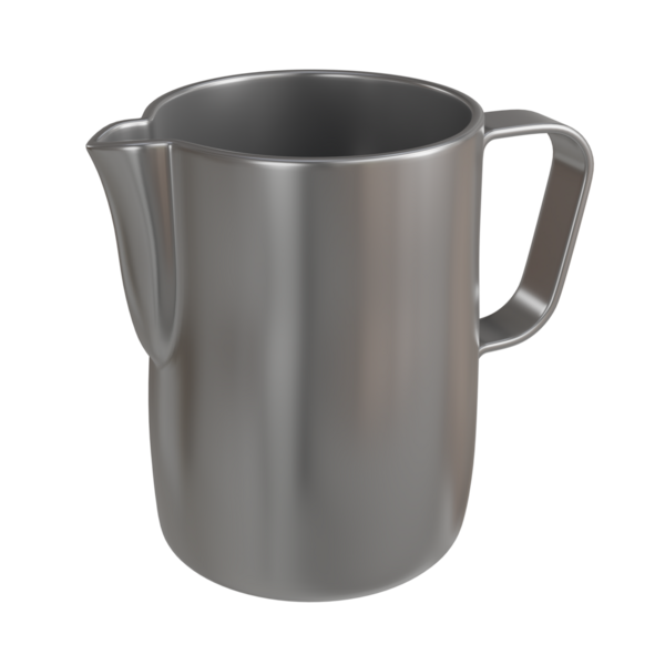 Cilalı paslanmaz çelikten sütü köpürten klasik bir barista sütün üç boyutlu çizimi. Kavramsal reklamlar, dijital posterler veya modern kafe görselleri için harika..