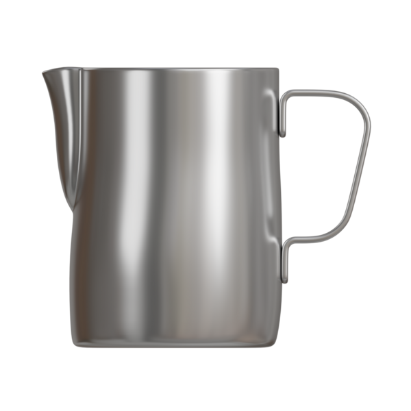 Cilalı paslanmaz çelikten sütü köpürten klasik bir barista sütün üç boyutlu çizimi. Kavramsal reklamlar, dijital posterler veya modern kafe görselleri için harika..