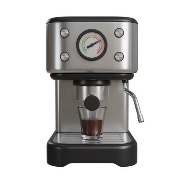 Temiz cam bir fincana sıcak kahve demleyen gümüş ve siyah krom kaplama kahve makinesinin gerçekçi 3 boyutlu görüntüsü. Ağızdan koyu kahverengi kahve akıyor. Lüks kahve markaları veya ürün özellikleri için ideal..