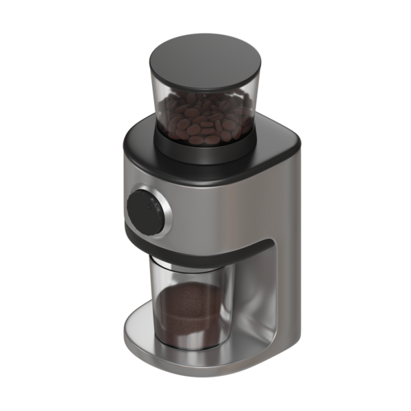 İçinde kavrulmuş kahve çekirdeklerini gösteren şeffaf bir kapağı olan siyah ve gümüş renkli modern elektrikli kahve öğütücüsünün gerçekçi 3D görüntüsü. Mutfak aletleri için mükemmel görsel ya da ürün modellemeleri.
