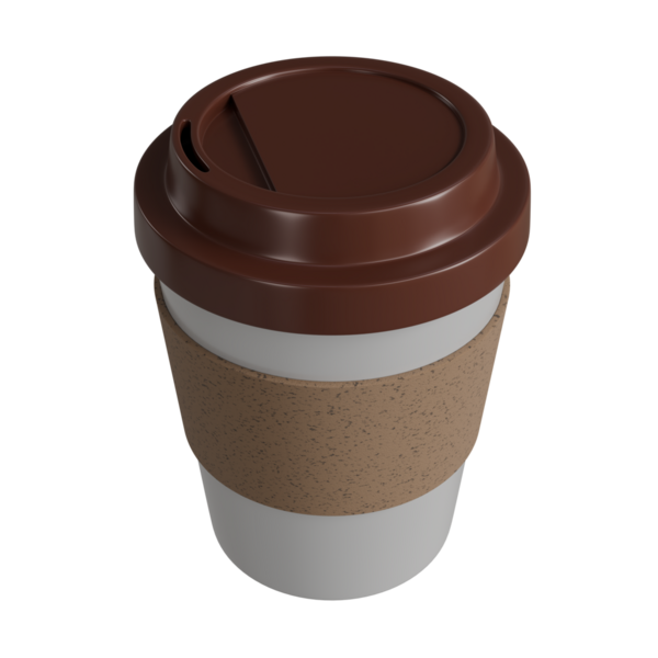 Üç boyutlu plastik kahverengi ve beyaz kahve fincanı kağıt tutacağı, yaratıcı ve enerjik bir kompozisyon, promosyonlar veya dijital reklamlar için harika.