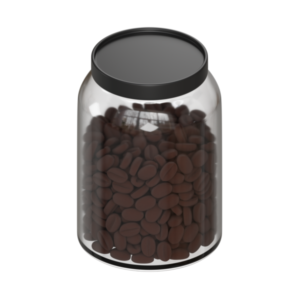 Koyu kahverengi kahve çekirdekleri ile dolu şeffaf cam kavanoz, temiz ve minimalist. Paketleme tasarımı, ürün modellemeleri ve reklam malzemeleri için ideal