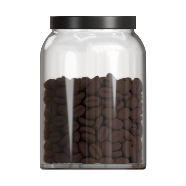 Koyu kahverengi kahve çekirdekleri ile dolu şeffaf cam kavanoz, temiz ve minimalist. Paketleme tasarımı, ürün modellemeleri ve reklam malzemeleri için ideal