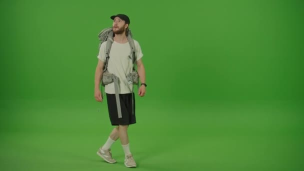 Happy Inspired Bearded Man Black Cap Big Travel Backpack Looking — Stock video