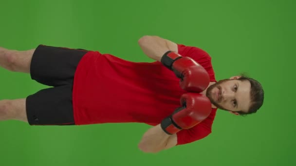 Вертикальное Видео Вертикальный Взгляд Портрет Молодого Сердитого Бойца Выполняющего Боксерские — стоковое видео