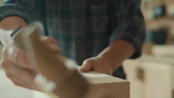 職人の手のクローズアップ木製のバーを形成するためにハンドプレーンを使用して カーペンター木工ワークショップでプロジェクトに取り組む 手動労働 職人技 手仕事のコンセプト — ストック動画