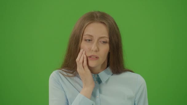 Πράσινη Οθόνη Κλειδί Chroma Γυναίκα Πόνο Στα Δόντια Γυναίκα Μπλε — Αρχείο Βίντεο
