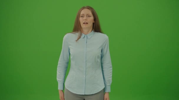 Green Screen Chroma Key Backache Unhealthy Female Blue Shirt Touching — Stock Video