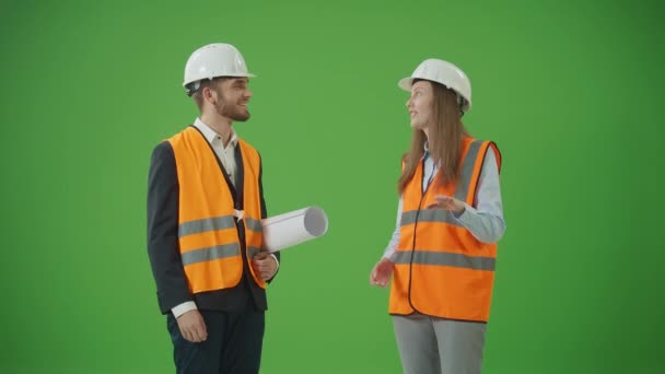 Green Screen Young Confident Male Blueprint Female Industrial Specialist Safety — Stock Video