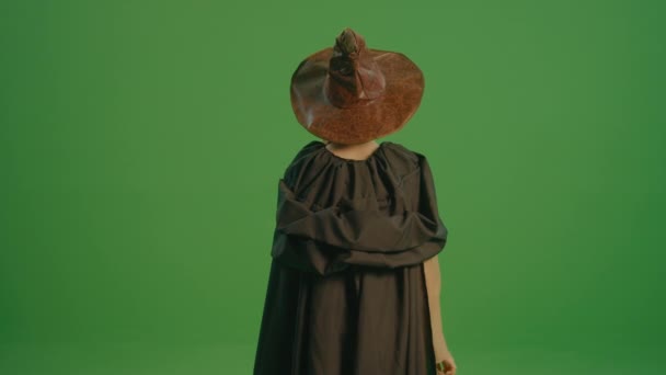 Tela Verde Visão Traseira Uma Mulher Feiticeira Manto Chapéu Mágico — Vídeo de Stock