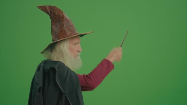 緑の画面 魔法の杖を持つ魔法の呪文を唱えるクロークと中世の服に灰色のひげを持つウィザード 呪文とキャスター 魔法と魔術 魔法学校 — ストック動画