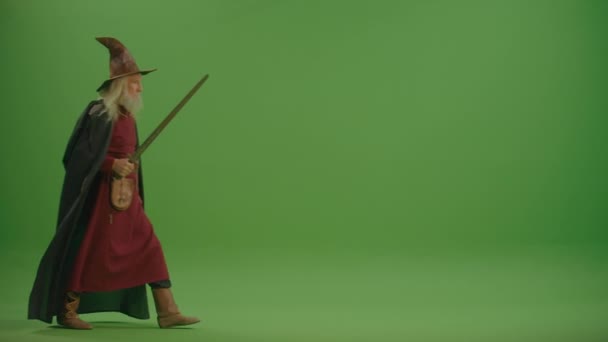 緑の画面 中世の服や魔法の帽子を身に着けている灰色のひげを持つ古いウィザード 彼の手の中に魔法の剣で歩く — ストック動画