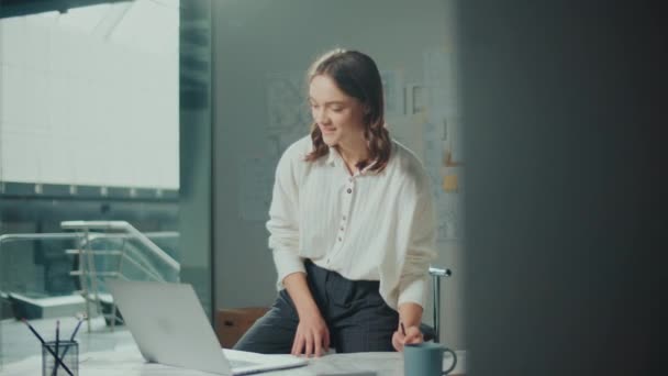 自信的女工程师正在一台笔记本电脑上打字 在一个新项目上进行在线工作 有动力的女经理正在做一个新项目 工程与创意新产品开发 — 图库视频影像