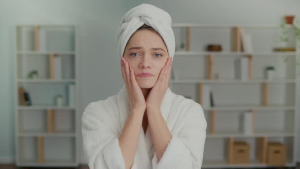 Portrait Upset Young Woman Applying Healing Cream Her Face Worried — Stock Video