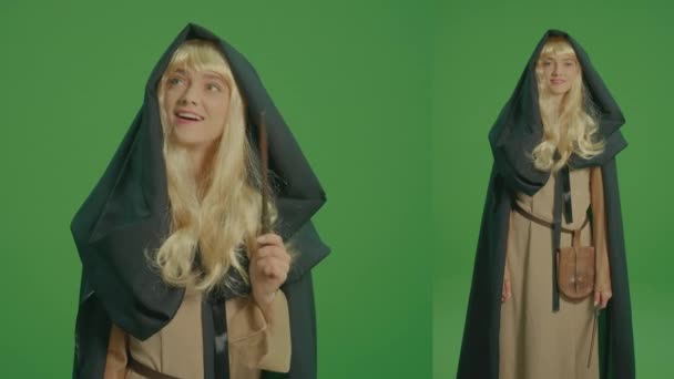 Split Green Screen Montage Smiling Woman Sorceress Dressed Hooded Cloak — Stock Video