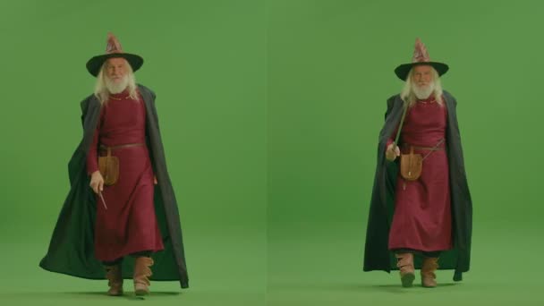 Портрет Старого Волшебника Одетого Средневековую Одежду Волшебный Меч Прогулки Волшебным — стоковое видео