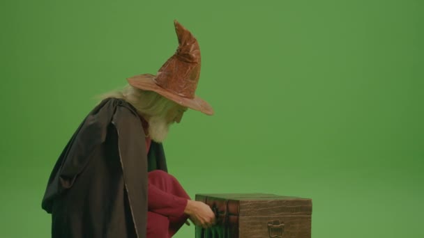 緑の画面 魔法の帽子とクロークに灰色のひげを持つウィザードが開き 魔法の箱に見えます 魔法のアイテム 魔法の杖 その他の遺物 — ストック動画