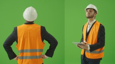 2-in-1 Split Yeşil Ekran Kolajı: Siyah Giyen Genç Sakallı İnşaat Mühendisi, Beyaz Şapkalı, Güvenlik Ceketi, Süpermen Poz Veren, Tabletteki Kayıtları Karşılaştıran. Geri ve Yan Görünüm