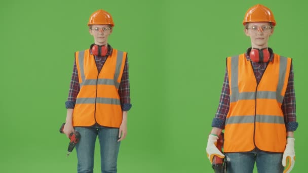 Rozdělené Zelené Obrazovky Collage Mladá Žena Stavební Dělnice Bezpečnostní Bundě — Stock video
