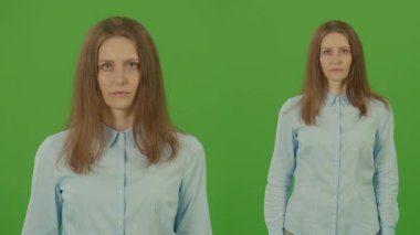 2 'ye 1 Yeşil Ekran Montajı. Yeşil Ekran. Krom Anahtar. Bu kadar jest yeter. Reddediyorum. Kadın Protestocu. Mavi tişörtlü ve gözlüklü rahatsız edici şüpheci kadın