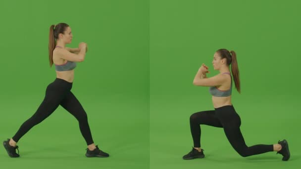 Split Green Montaż Ekranu Dziewczyna Odzieży Sportowej Doing Split Workout — Wideo stockowe