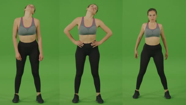 Split Grön Skärm Montage Ung Kvinna Gör Övningar För Stretching — Stockvideo