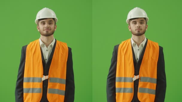 Rozdělené Zelené Obrazovky Koláž Mladý Vousatý Stavební Inženýr Černém Klasickém — Stock video