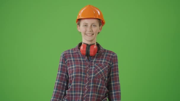 Green Screen Young Confident Femaleconstruction Worker Checkered Shirt Earmuffs Hard — Stock Video