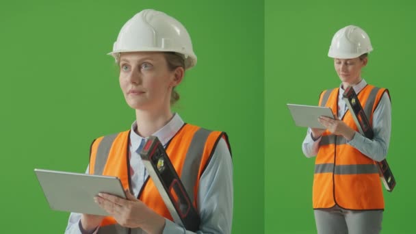 Split Green Screen Collage Young Confident Female Designer Light Shirt — Stock Video