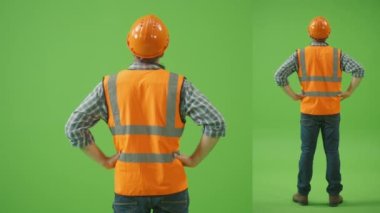 2-in-1 Split Yeşil Ekran Kolajı: Damalı Gömlekli Genç Sakallı İnşaatçı, Güvenlik Ceketi ve Şapkalı, Süperman Poz Veriyor ve Şapkayı Düzeltiyor, Nodding.Çok Açı En İyi Değer Paketi: Arka Görüş