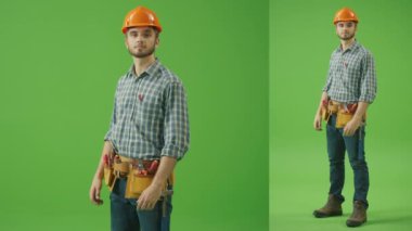 2-in-1 Split Yeşil Ekran Kolajı: Genç Sakallı Kareli Gömlekli İnşaat Mühendisi, Güvenlik Kaskı, Deri Araç Kemeri, Gülümseyen ve Yapan Arama Hareketi. Çoklu Açı En İyi Değer Paketi