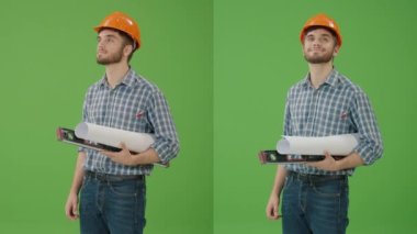 2-in-1 Split Yeşil Ekran Kolajı: Genç Sakallı İnşaat Mühendisi Sert Şapka Giyiyor, Etrafa Bakıyor ve Gülümsüyor, Kolları Altında Kabarcık Seviye Aracı ve Planı ile. Çoklu Tıklama En İyi Değer Paketi